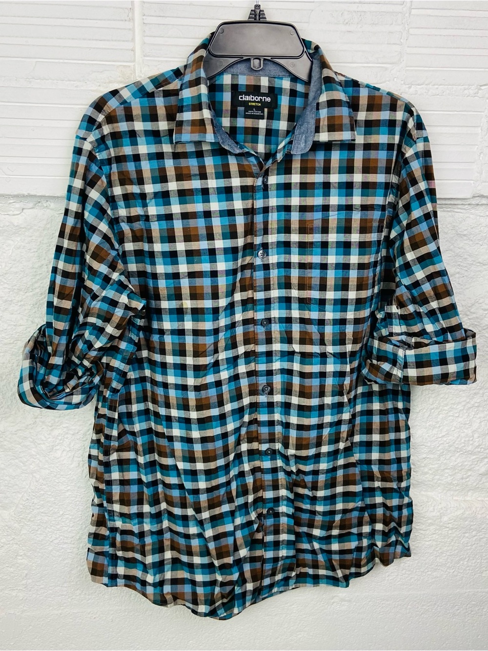 Claiborne stretch cotton Teal, Brown & White Plaid Button-Down Shirt size large